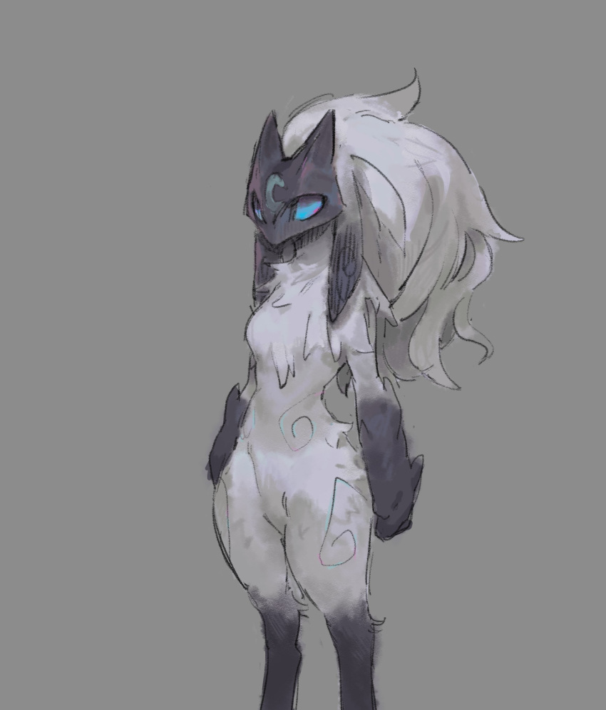 1girl absurdres animal_ears black_fur body_fur breasts feet_out_of_frame green_eyes grey_fur grey_hair highres kindred_(league_of_legends) lamb_(league_of_legends) league_of_legends long_hair mask medium_breasts ramssa sheep_ears solo standing two-tone_fur