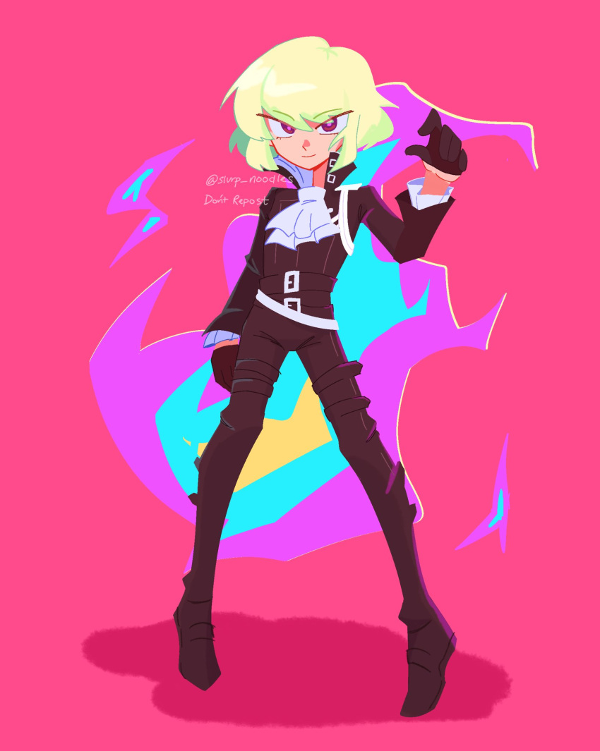 1boy artist_name ascot belt black_footwear black_gloves black_jacket black_pants commentary english_commentary gloves highres jacket lio_fotia looking_at_viewer male_focus pants pink_background promare red_eyes short_hair slurpn00dles solo standing v-shaped_eyebrows white_hair