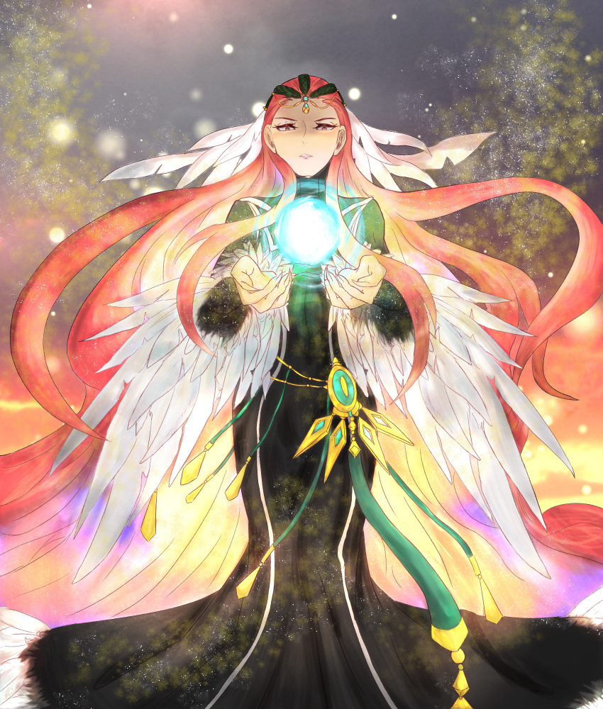 1girl ashera_(fire_emblem) black_dress breasts brooch circlet dress feather_hair_ornament feather_trim feathers fire_emblem fire_emblem:_path_of_radiance fire_emblem:_radiant_dawn full_body hair_ornament hair_slicked_back highres jewelry long_dress long_hair long_sleeves looking_at_viewer magic mature_female medium_breasts natue6 outdoors red_eyes redhead solo tree turtleneck very_long_hair