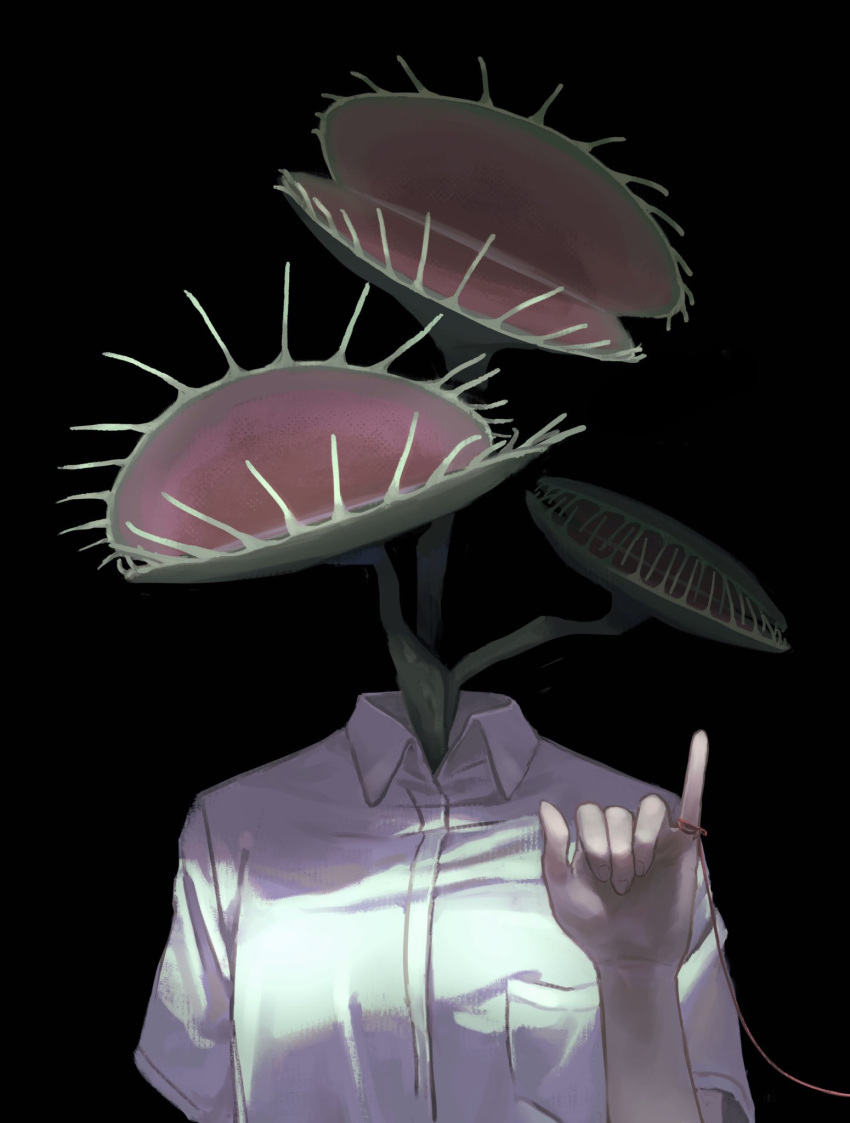 1girl black_background breast_pocket breasts carnivorous_plant collared_shirt commentary_request dress_shirt facing_viewer hand_up highres monster_girl object_head original oversized_flower pinky_out plant plant_girl pocket shirt short_sleeves simple_background solo string string_of_fate upper_body venus_flytrap white_shirt yiwoo2030