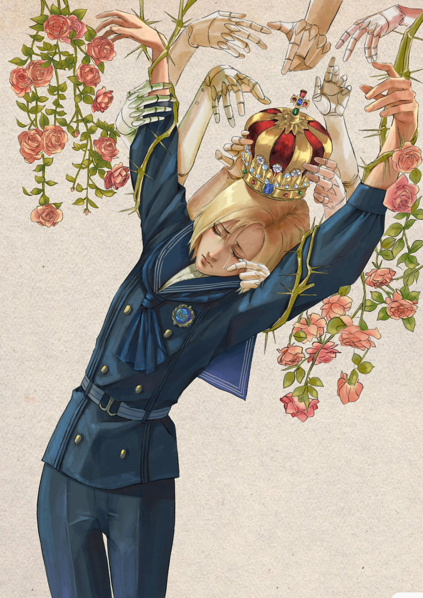 1boy bishounen blonde_hair bound bound_arms character_request closed_eyes cowboy_shot crown flower highres lies_of_p male_focus mechanical_arms moonlitmelody plant rose sailor_collar sailor_shirt shirt short_hair simple_background solo vines white_background