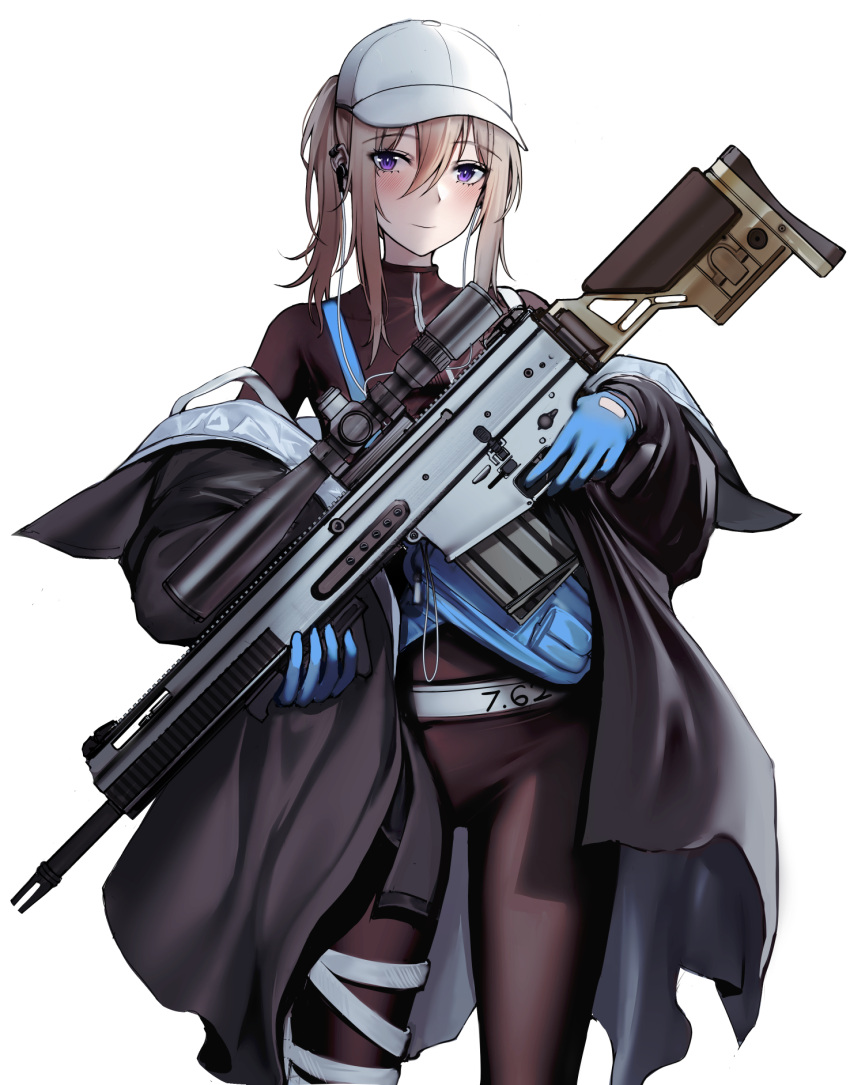1girl baseball_cap blonde_hair blue_gloves blush closed_mouth cowboy_shot girls_frontline gloves gun hat highres holding holding_gun holding_weapon kitsune_udon_(ai_br) looking_at_viewer medium_hair rifle scar-h_(girls'_frontline) simple_background sniper_rifle solo standing turtleneck_bodysuit violet_eyes weapon white_background white_headwear