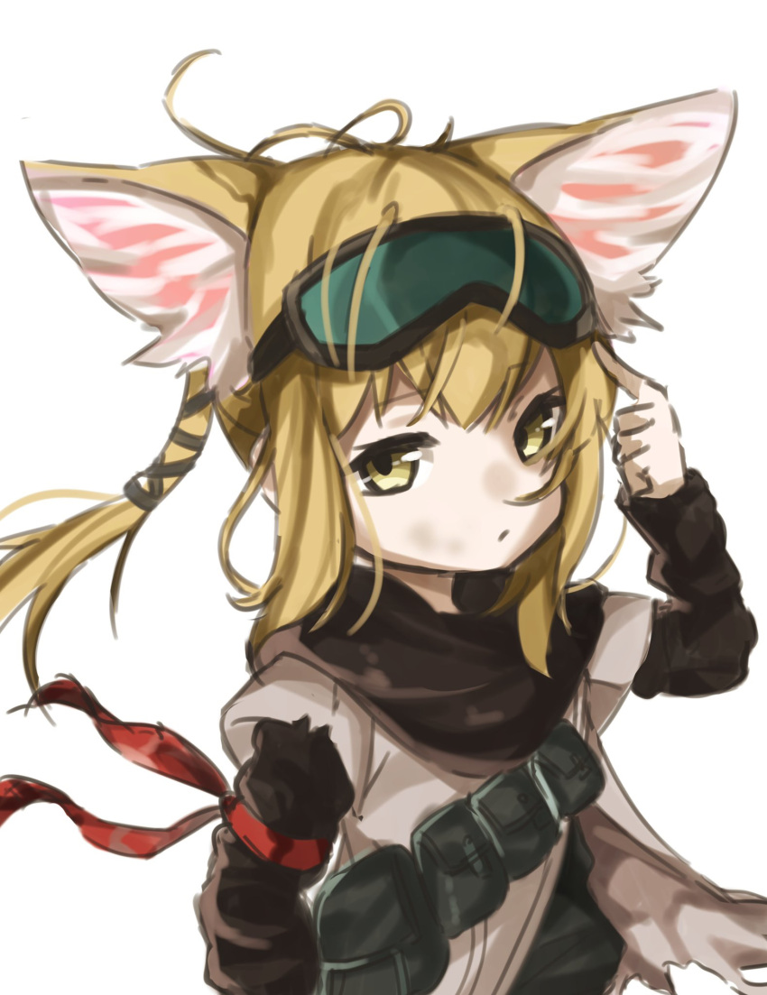 1girl animal_ears arknights black_scarf blonde_hair closed_mouth commentary_request dress fox_ears fox_girl goggles goggles_on_head hair_tubes highres long_hair long_sleeves looking_at_viewer nasumikan_(nodoame241) official_alternate_costume purple_dress scarf simple_background solo suzuran_(arknights) suzuran_(lostlands_flowering)_(arknights) upper_body white_background yellow_eyes