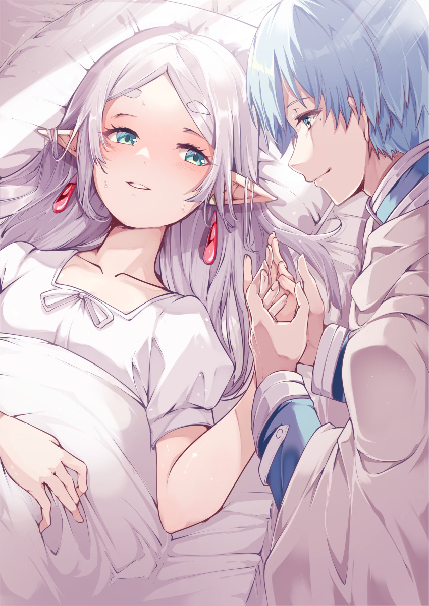1boy 1girl absurdres bed bed_sheet blue_hair earrings elf frieren green_eyes highres himmel_(sousou_no_frieren) holding_hands jewelry long_hair looking_at_another lying on_back pillow pointy_ears risumi_(taka-fallcherryblossom) shirt short_hair short_sleeves sousou_no_frieren under_covers white_hair white_shirt
