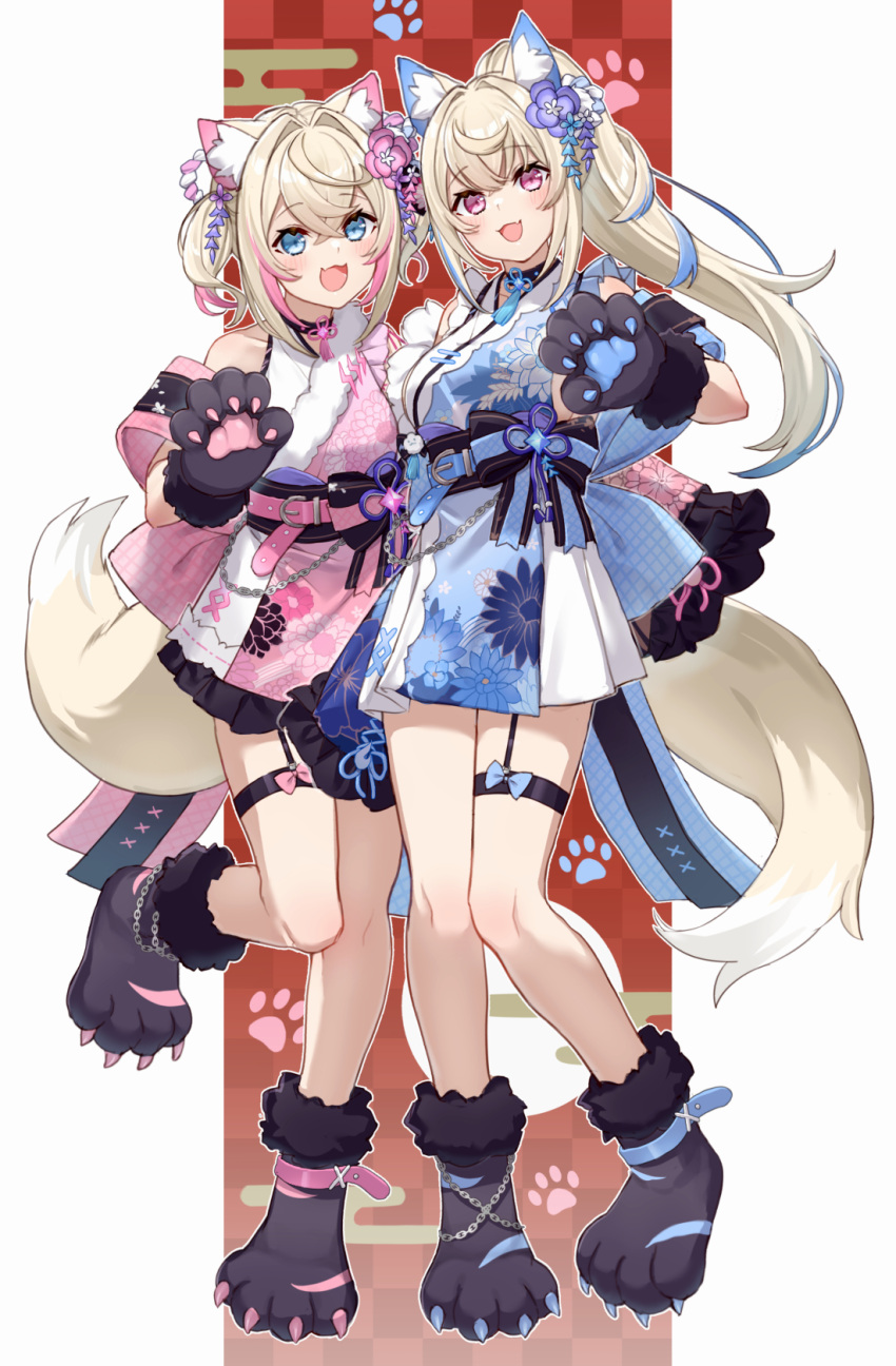 2girls animal_ears animal_hands asymmetrical_legwear belt blonde_hair blue_eyes blue_hair blush breasts dog_ears dog_tail fang floral_print_kimono flower fuwawa_abyssgard fuwawa_abyssgard_(new_year) garter_straps gloves gradient_hair hair_flower hair_ornament high_ponytail highres hololive hololive_english japanese_clothes kimono large_breasts light_blue_hair long_hair looking_at_viewer mococo_abyssgard mococo_abyssgard_(new_year) multicolored_hair multiple_girls official_alternate_costume official_alternate_hairstyle open_mouth paw_gloves pink_eyes pink_hair shikinagi short_hair skin_fang sleeveless sleeveless_kimono small_breasts streaked_hair tail