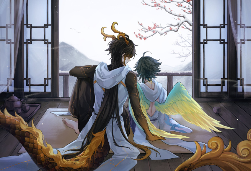 2boys ahoge angel_wings architecture bishounen chinese_clothes dragon_boy dragon_horns dragon_tail east_asian_architecture ebf7l from_behind genshin_impact highres horns male_focus multiple_boys short_hair sitting tail wings xiao_(genshin_impact) zhongli_(archon)_(genshin_impact) zhongli_(genshin_impact)
