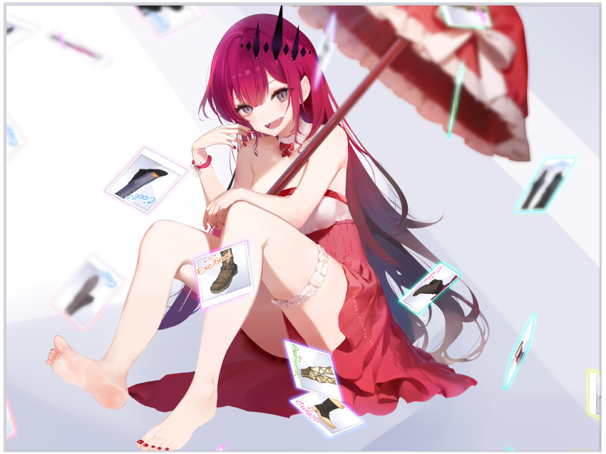 1girl baobhan_sith_(fate) bare_shoulders barefoot bow detached_collar dress fangs fate/grand_order fate_(series) fs_(sdamsd21321) grey_eyes highres long_hair looking_at_viewer open_mouth pink_hair pointy_ears red_bow red_dress red_nails shoes sitting sleeveless smile soles solo thigh_strap thighs tiara umbrella