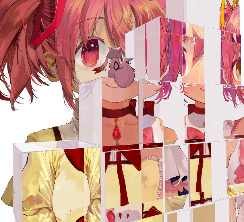 1girl absurdres bow bow_choker bowtie choker collarbone commentary cube different_reflection goddess_madoka hair_ribbon highres juliet_sleeves kaname_madoka kyubey long_sleeves looking_at_viewer mahou_shoujo_madoka_magica mahou_shoujo_madoka_magica_(anime) mihifu mitakihara_school_uniform one_eye_covered pink_eyes pink_gemstone pink_hair portrait puffy_sleeves red_bow red_bowtie red_choker reflection ribbon school_uniform short_hair short_twintails simple_background smile twintails white_background yellow_eyes