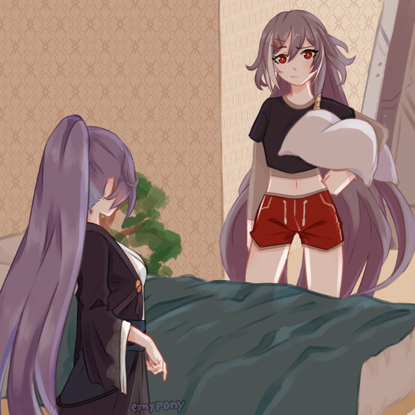 2girls alternate_costume bed bed_sheet black_shirt blue_hair blue_jacket china_dress chinese_clothes closed_mouth dress emypony fu_hua fu_hua_(herrscher_of_sentience) grey_hair hair_between_eyes hanfu high_ponytail highres holding holding_pillow honkai_(series) honkai_impact_3rd jacket long_hair looking_at_another multicolored_hair multiple_girls navel official_alternate_costume pillow ponytail red_eyes red_shorts shirt shorts stomach streaked_hair white_dress white_hair yellow_pupils