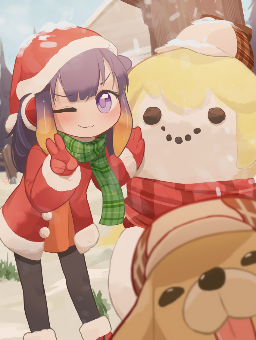 1girl :3 absurdres alternate_costume black_pants blunt_bangs blurry blurry_foreground bubba_(watson_amelia) character_snowman christmas coat commentary dog earmuffs english_commentary fur-trimmed_coat fur-trimmed_headwear fur-trimmed_sleeves fur_trim gloves green_scarf hat highres hololive hololive_english leaning_forward looking_at_viewer nanachides ninomae_ina'nis orange_hair pants purple_hair red_coat red_gloves red_headwear red_scarf santa_hat scarf smol_ame snow snowman tentacle_hair v violet_eyes virtual_youtuber watson_amelia