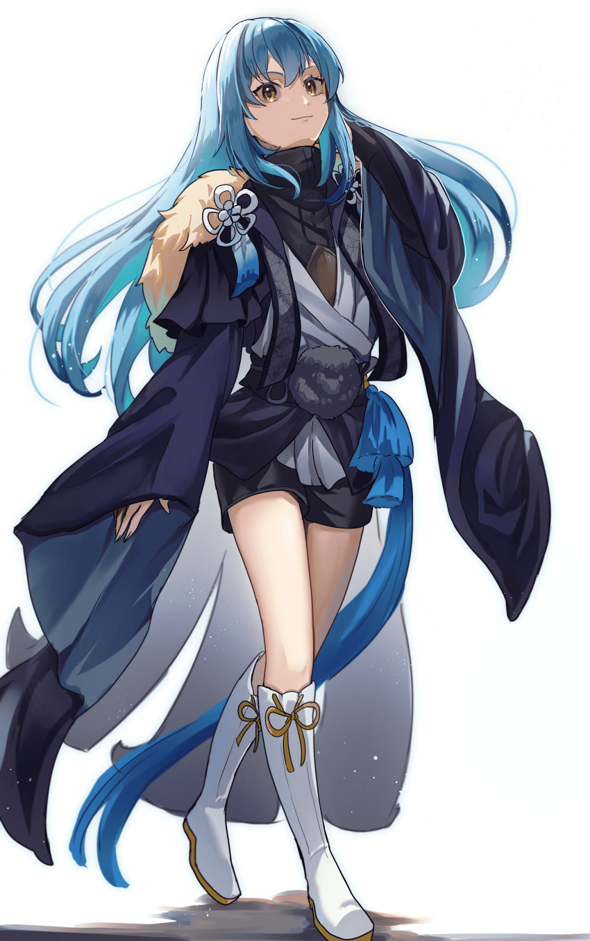 1other absurdres androgynous black_jacket black_shorts blue_hair boots chocoeiru closed_mouth coat floating_hair hair_between_eyes hand_in_own_hair highres jacket knee_boots long_hair long_sleeves ribbon rimuru_tempest short_shorts shorts simple_background smile standing straight_hair tensei_shitara_slime_datta_ken very_long_hair white_background white_footwear wide_sleeves yellow_eyes yellow_ribbon