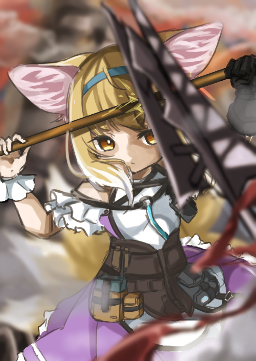 1girl absurdres animal_ears arknights black_gloves blonde_hair blue_hairband closed_mouth colored_tips commentary_request cowboy_shot dress fighting fox_ears fox_girl fox_tail gloves hairband highres holding holding_staff kitsune kyuubi multicolored_hair multiple_tails nasumikan_(nodoame241) purple_dress short_hair single_glove single_wrist_cuff solo staff suzuran_(arknights) tail two-tone_hair white_hair wrist_cuffs yellow_eyes