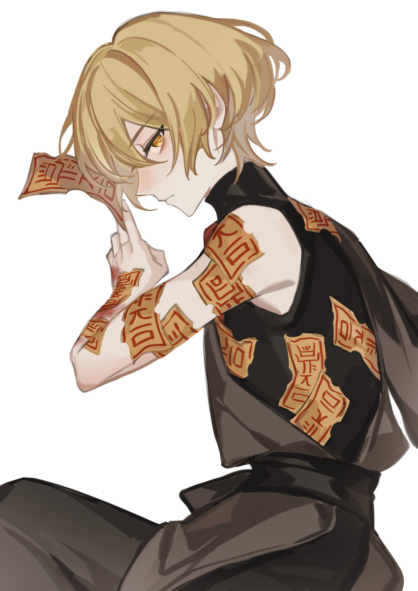 1boy absurdres armpits bishounen blonde_hair cowboy_shot ebf7l from_side highres limbus_company looking_at_viewer male_focus project_moon short_hair sigil simple_background sinclair_(project_moon) solo white_background yellow_eyes
