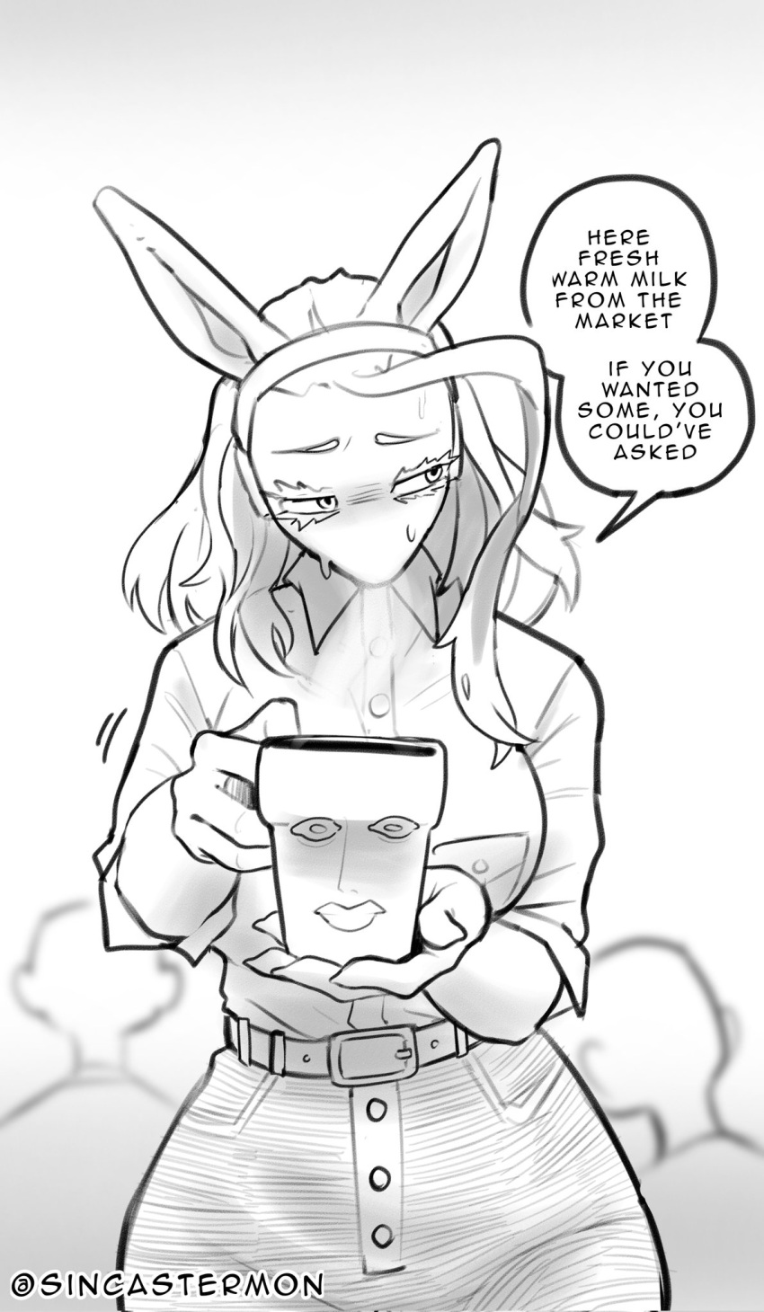 2others ahoge animal_ears averting_eyes belt boku_no_hero_academia breasts coffee_mug collared_shirt corrupted_twitter_file crowd cup curvy embarrassed english_text eyebrows eyelashes furry furry_female headphones highres holding holding_cup huge_ahoge huge_breasts iced_latte_with_breast_milk_(meme) implied_breast_milk ippan_josei looking_at_viewer meme mug multiple_others pants rabbit_ears shark_girl shirt sin_castermon sleeves_pushed_up snout speech_bubble wide_hips wireless