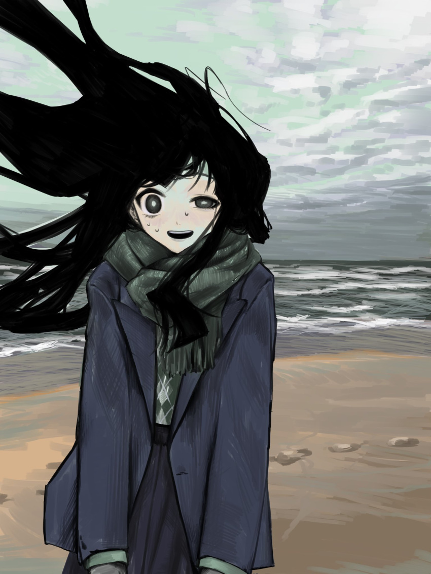 1girl argyle argyle_sweater beach black_hair bright_pupils clouds cloudy_sky day floating_hair green_scarf green_sweater grey_eyes grey_jacket grey_skirt half-closed_eye high-waist_skirt highres jacket kei_(63277k) long_hair long_sleeves looking_at_viewer ocean open_clothes open_jacket open_mouth original outdoors scarf skirt sky smile solo standing straight-on sweat sweater upper_body water waves white_pupils wind