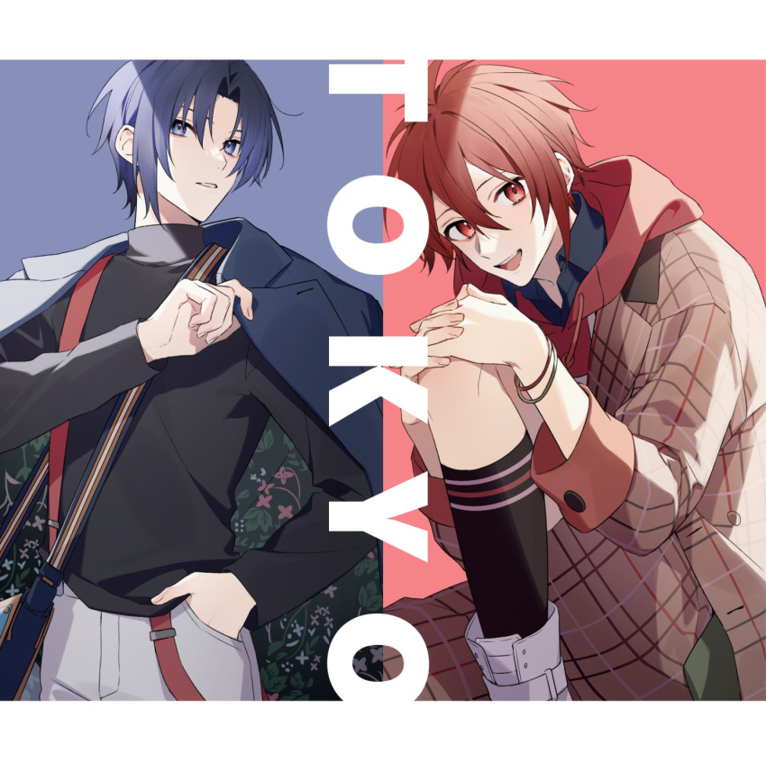 2boys aiue_o_eiua alternate_costume bag bare_legs black_shirt black_socks blue_background blue_eyes blue_hair blue_jacket border brown_coat coat commentary_request english_text floral_print fly_away_(idolish7) grey_pants hand_in_pocket highres hugging_own_legs idolish7 izumi_iori jacket knee_up kneehighs looking_at_viewer male_focus multiple_boys multiple_bracelets nanase_riku open_mouth pants parted_lips place_name plaid plaid_coat red_background red_eyes redhead shirt short_hair smile socks suspenders two-sided_fabric two-sided_jacket upper_body white_footwear