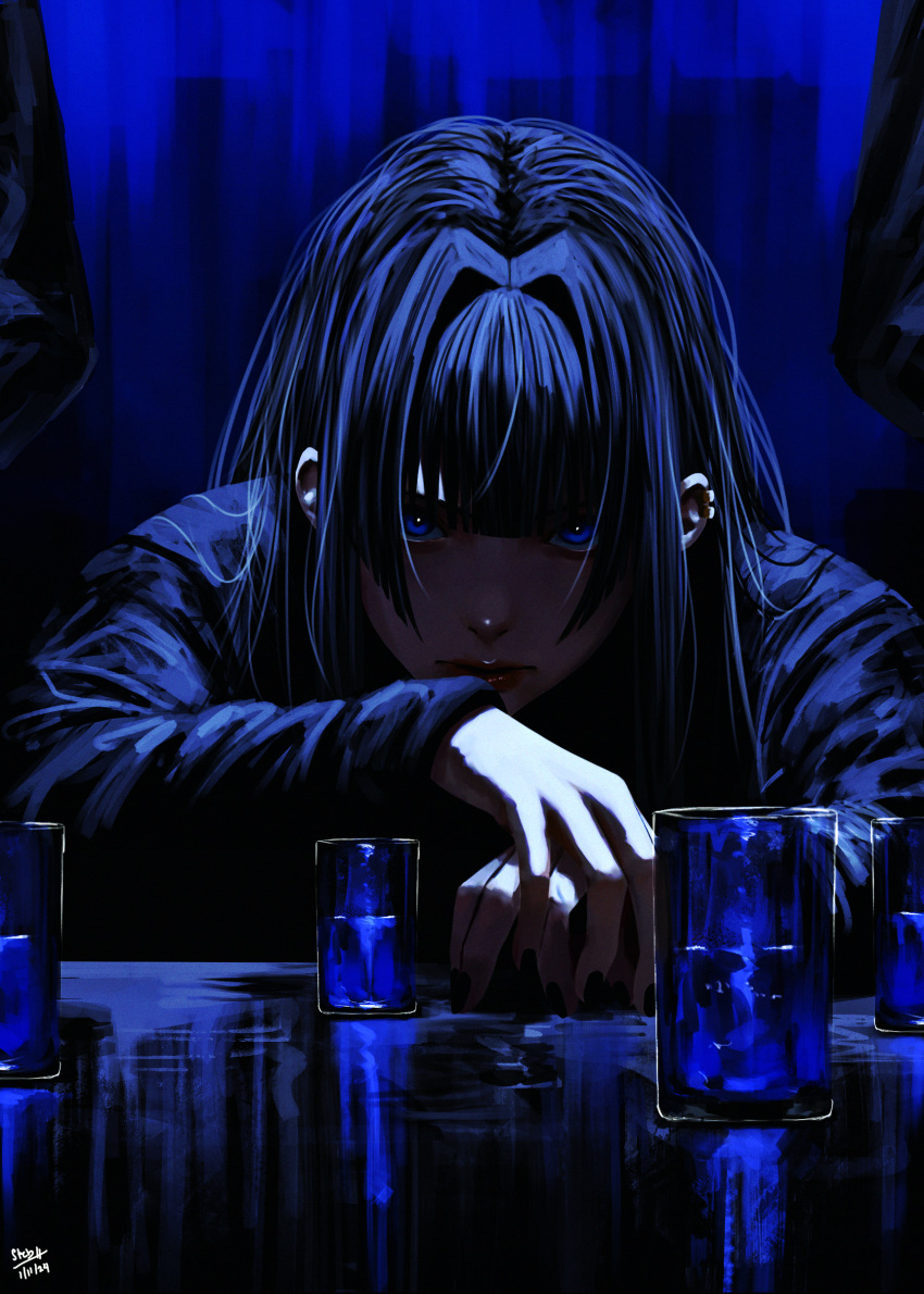 1girl absurdres alternate_costume black_hair black_shirt blue_background blue_eyes blue_hair blue_shirt blue_theme cup dated drinking_glass highres holocouncil hololive hololive_english long_hair looking_at_viewer multicolored_hair ouro_kronii shirt shot_glass signature steb streaked_hair upper_body virtual_youtuber