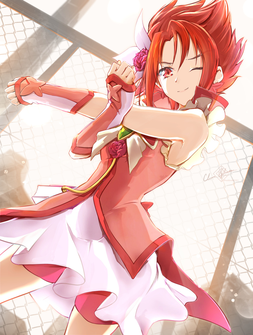 1girl arm_warmers brooch butterfly_brooch chain-link_fence clear_glass_(mildmild1311) cowboy_shot cross-body_stretch cure_rouge day fence heart heart_brooch highres indoors jewelry magical_girl natsuki_rin precure red_eyes redhead short_hair shorts shorts_under_skirt skirt smile solo stretching vest yes!_precure_5 yes!_precure_5_gogo!