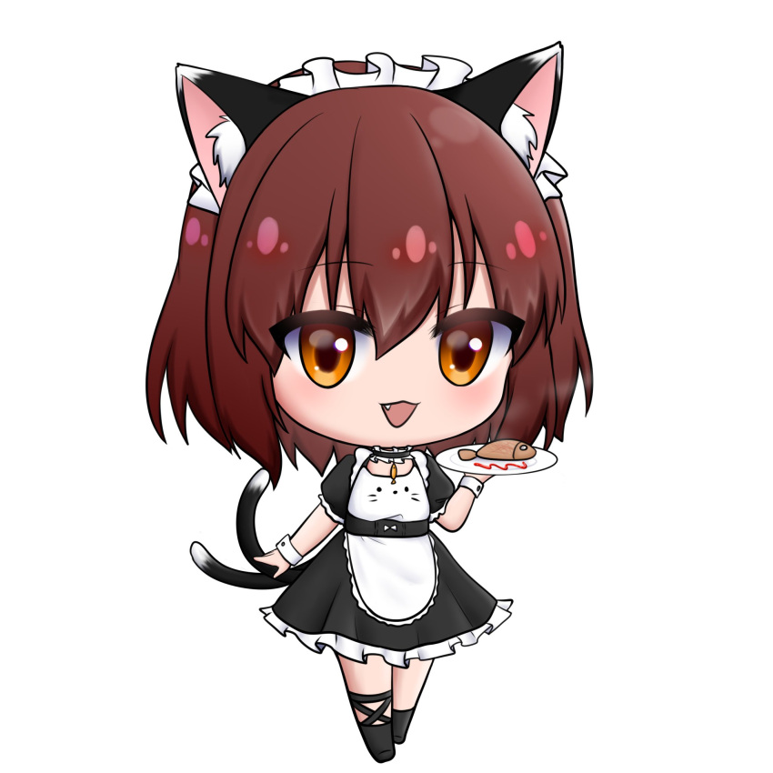 1girl :d alternate_costume animal_ear_fluff animal_ears apron black_dress brown_eyes brown_hair cat_ears cat_tail chen chibi commentary_request dress enmaided fang fish flat_chest frills full_body hair_between_eyes hand_up highres holding holding_tray light_blush maid maid_headdress multiple_tails nekomata open_mouth petticoat qi_lang3568 short_sleeves simple_background smile solo tail touhou tray two_tails waist_apron white_background wrist_cuffs