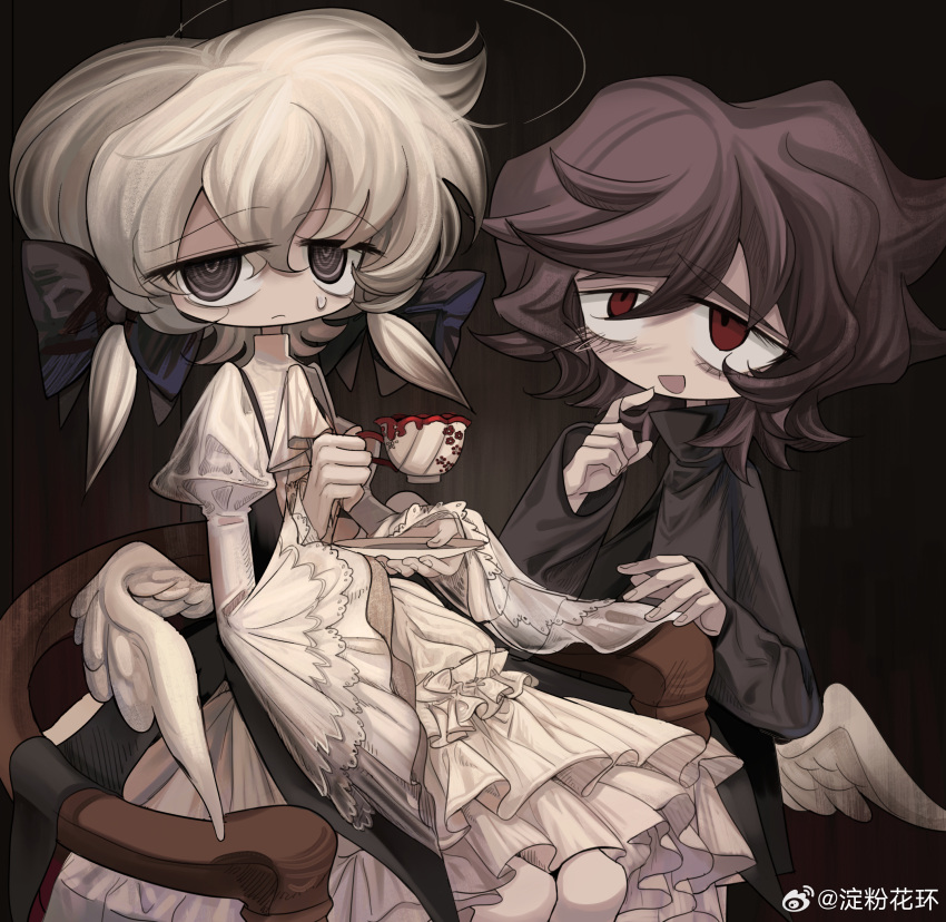 1girl 1other absurdres blonde_hair bow brown_dress brown_eyes brown_hair chair cup dress expressionless frilled_dress frills hair_bow highres holding holding_cup holding_plate juliet_sleeves long_sleeves meyou_0319 multiple_hair_bows open_mouth original plate puffy_sleeves red_eyes smile tea twintails weibo_logo wings