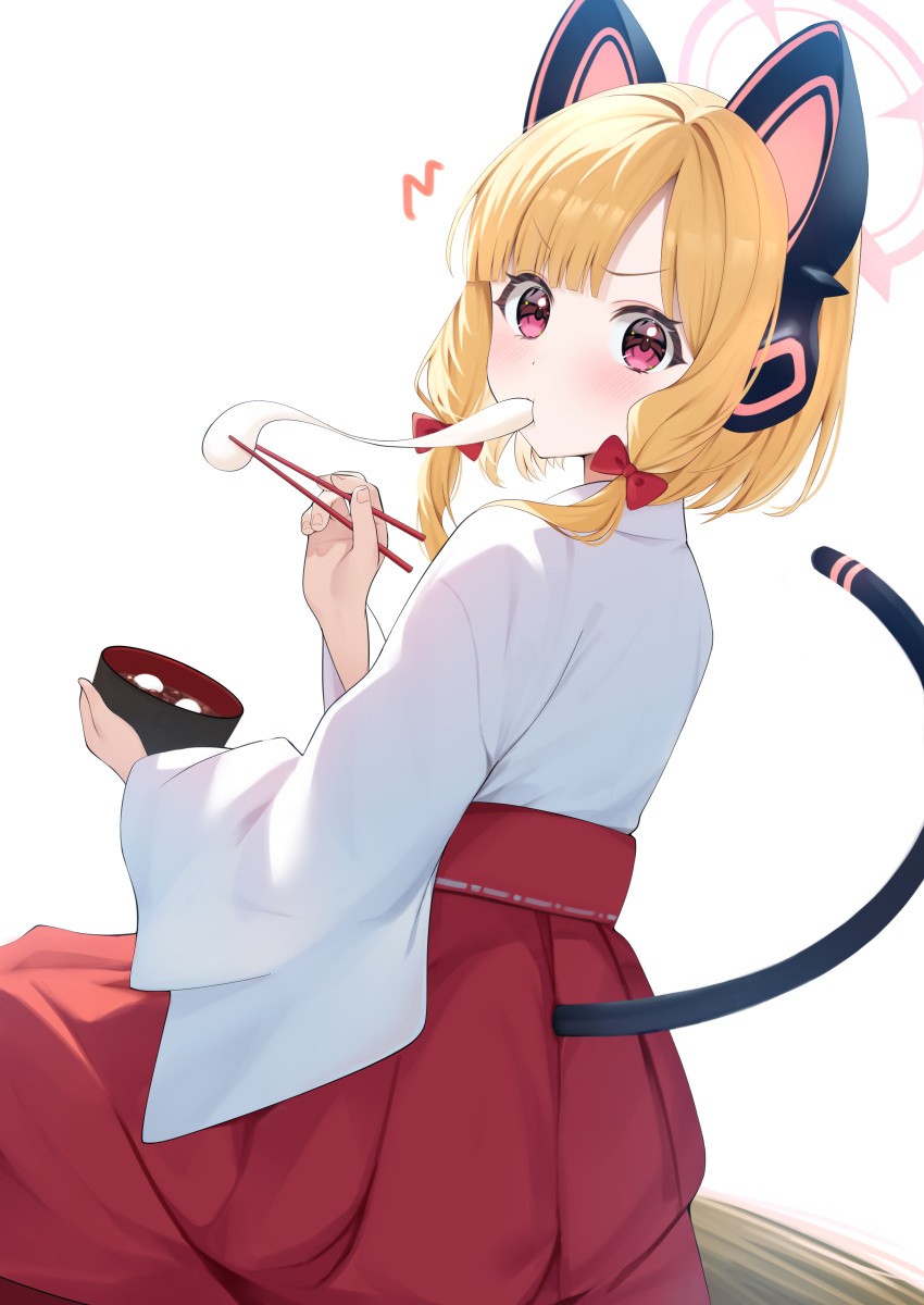 1girl absurdres animal_ear_headphones animal_ears blonde_hair blue_archive blush bow bowl cat_tail chopsticks eating fake_animal_ears fingernails food hair_bow hakama halo headphones highres holding holding_bowl holding_chopsticks japanese_clothes long_sleeves looking_at_viewer miko mochi mochi_trail momoi_(blue_archive) pink_halo red_bow red_eyes red_hakama rei_(ilust9999) shiruko_(food) short_hair solo tail wide_sleeves