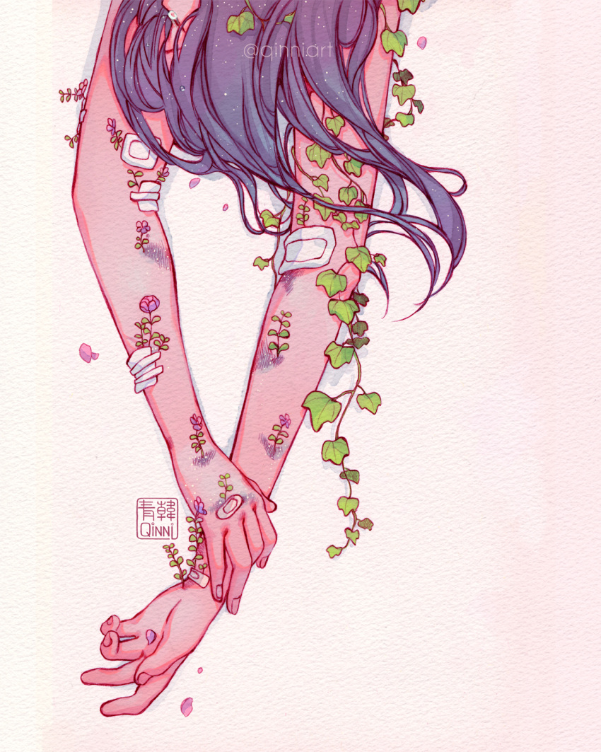 bandages bandaid bruise faceless flower highres injury leaf original outstretched_arms petals plant qinni vines violet_eyes