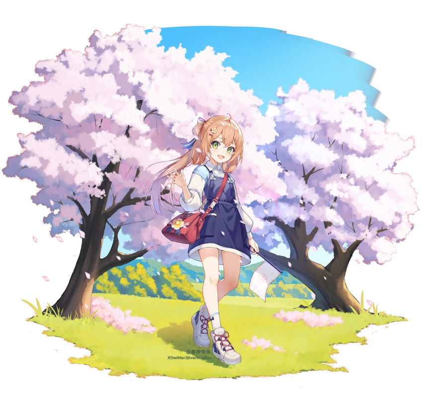 1girl aged_down ahoge bag blue_dress blue_sky brown_hair cherry_blossoms collared_shirt commission crossed_bangs double-parted_bangs dress flag flower ge_zhong_kuaile girls_frontline green_eyes hair_between_eyes hair_flower hair_ornament hair_ribbon handbag highres holding holding_flag long_hair long_sleeves looking_at_viewer multiple_hairpins on_grass open_mouth outdoors pixiv_commission pixiv_username ribbon shirt shoes sky smile socks solo springfield_(girls'_frontline) tree twitter_username walking waving white_flag white_footwear white_shirt white_socks