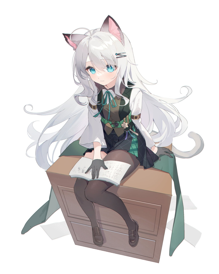 1girl ahoge animal_ears arknights black_footwear black_gloves black_pantyhose black_skirt black_thighhighs blue_eyes book brown_vest cat_ears cat_girl cat_tail closed_mouth collared_shirt drawer full_body gloves green_jacket green_ribbon hair_ornament hairclip highres jacket long_hair mint_(arknights) mint_(private_study)_(arknights) neck_ribbon official_alternate_costume open_book pantyhose pleated_skirt ribbon shirt simple_background single_leg_pantyhose single_thighhigh skirt sleeveless sleeveless_jacket solo tail thigh-highs vest white_background white_hair white_shirt yunweishukuang