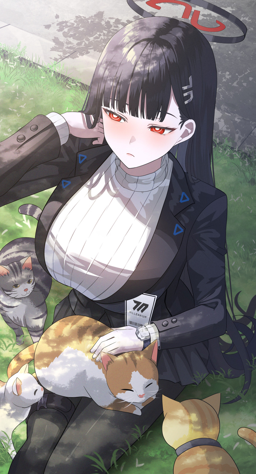 1girl absurdres animal_on_lap black_hair black_jacket black_pantyhose black_skirt blue_archive blunt_bangs breasts bright_pupils cat closed_mouth dated_commentary halo hand_up highres id_card jacket large_breasts long_hair long_sleeves looking_to_the_side on_lap outdoors pantyhose red_eyes rio_(blue_archive) sitting skirt solo sweater sysen turtleneck turtleneck_sweater watch watch white_pupils