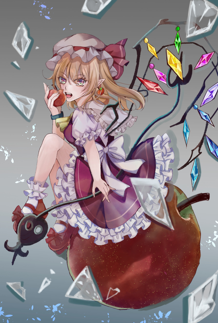 1girl apple ascot blonde_hair crystal dress flandre_scarlet food from_side fruit hand_up highres medium_hair open_mouth red_dress sitting soku_(zygd7338) solo touhou yellow_ascot