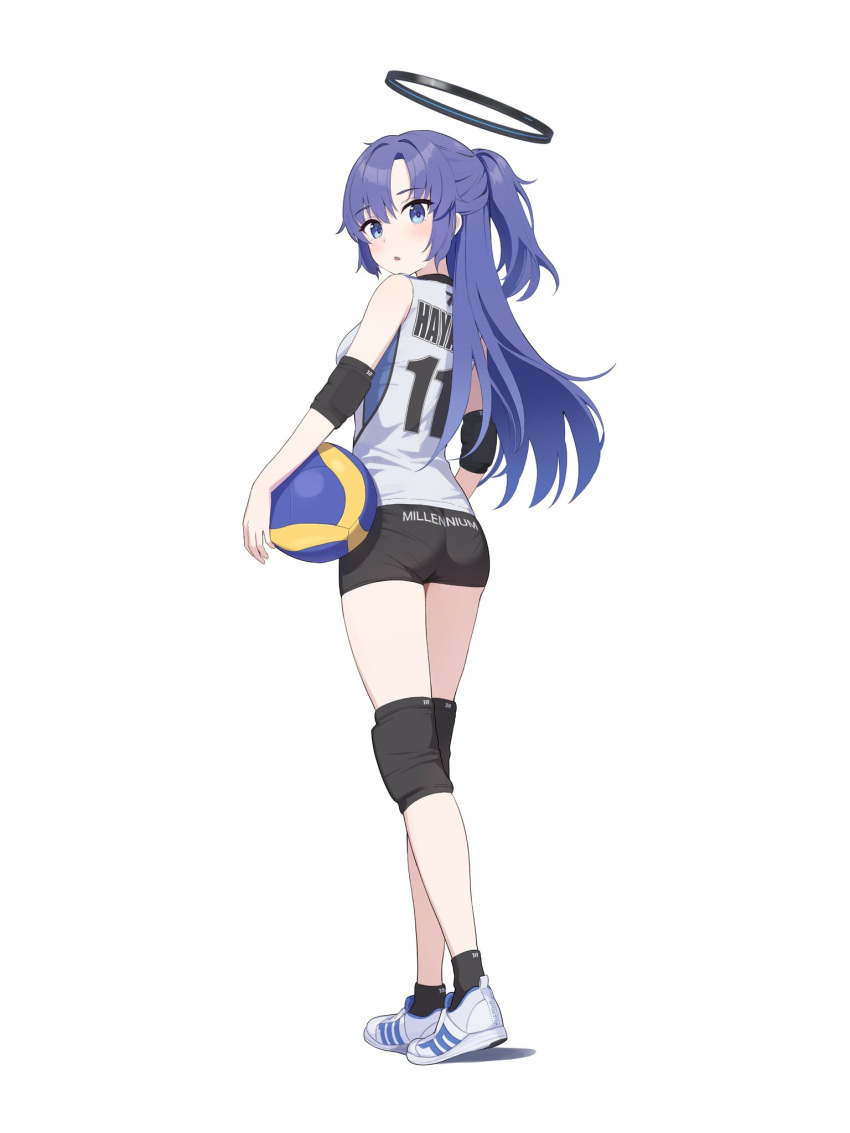 1girl alternate_costume ball bare_shoulders black_shorts black_socks blue_archive chestnut_mouth from_behind full_body halo halo_(lelelelelemo) highres holding holding_ball long_hair looking_at_viewer looking_back parted_lips purple_hair shirt shoes shorts simple_background sleeveless sleeveless_shirt socks sportswear standing violet_eyes volleyball volleyball_uniform white_background white_footwear yuuka_(blue_archive)