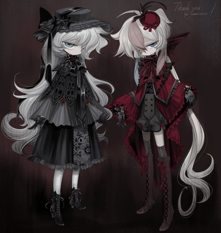 2girls absurdres ankle_boots black_dress black_footwear blue_eyes boots brown_footwear brown_hair cloak colored_skin commission cross-laced_footwear dress frilled_cloak frilled_headwear frilled_sleeves frills full_body gothic grey_dress grey_hair highres knee_boots lace-up_boots long_hair meyou_0319 multiple_girls original red_cloak standing very_long_hair victorian wavy_hair white_hair white_skin