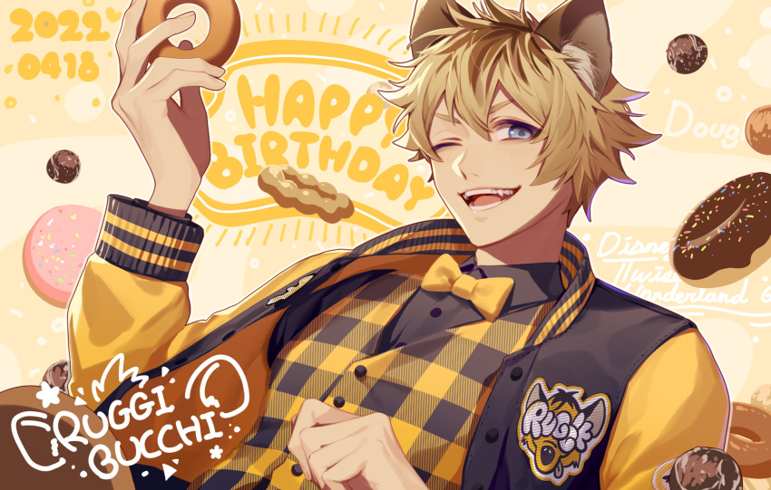 13_(bbr584607091) 1boy animal_ear_fluff animal_ears black_shirt blonde_hair blue_eyes bow bowtie character_name collared_shirt commentary copyright_name dated doughnut fangs food hand_up happy_birthday highres holding holding_food hyena_boy hyena_ears jacket leaning_back leona_kingscholar letterman_jacket long_sleeves male_focus official_alternate_costume one_eye_closed open_mouth plaid plaid_vest pon_de_ring shirt solo symbol-only_commentary teeth twisted_wonderland upper_body vest yellow_background yellow_bow yellow_bowtie yellow_vest