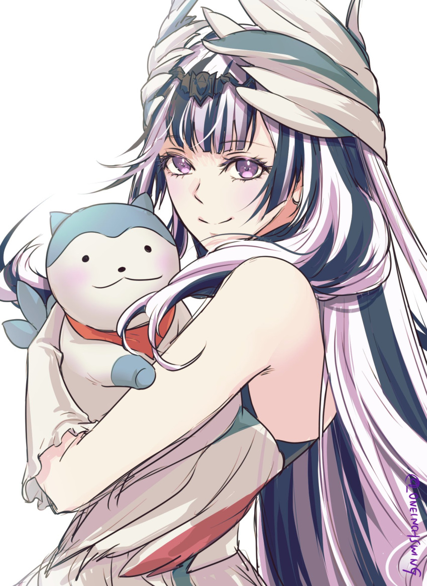 1girl animal bare_shoulders black_hair blunt_bangs closed_mouth dress fire_emblem fire_emblem_engage gloves highres holding holding_animal long_hair looking_at_viewer multicolored_hair sleeveless sleeveless_dress smile sommie_(fire_emblem) twitter_username two-tone_hair umi_(_oneinchswing) upper_body very_long_hair veyle_(fire_emblem) violet_eyes white_background white_dress white_gloves white_hair wing_hair_ornament