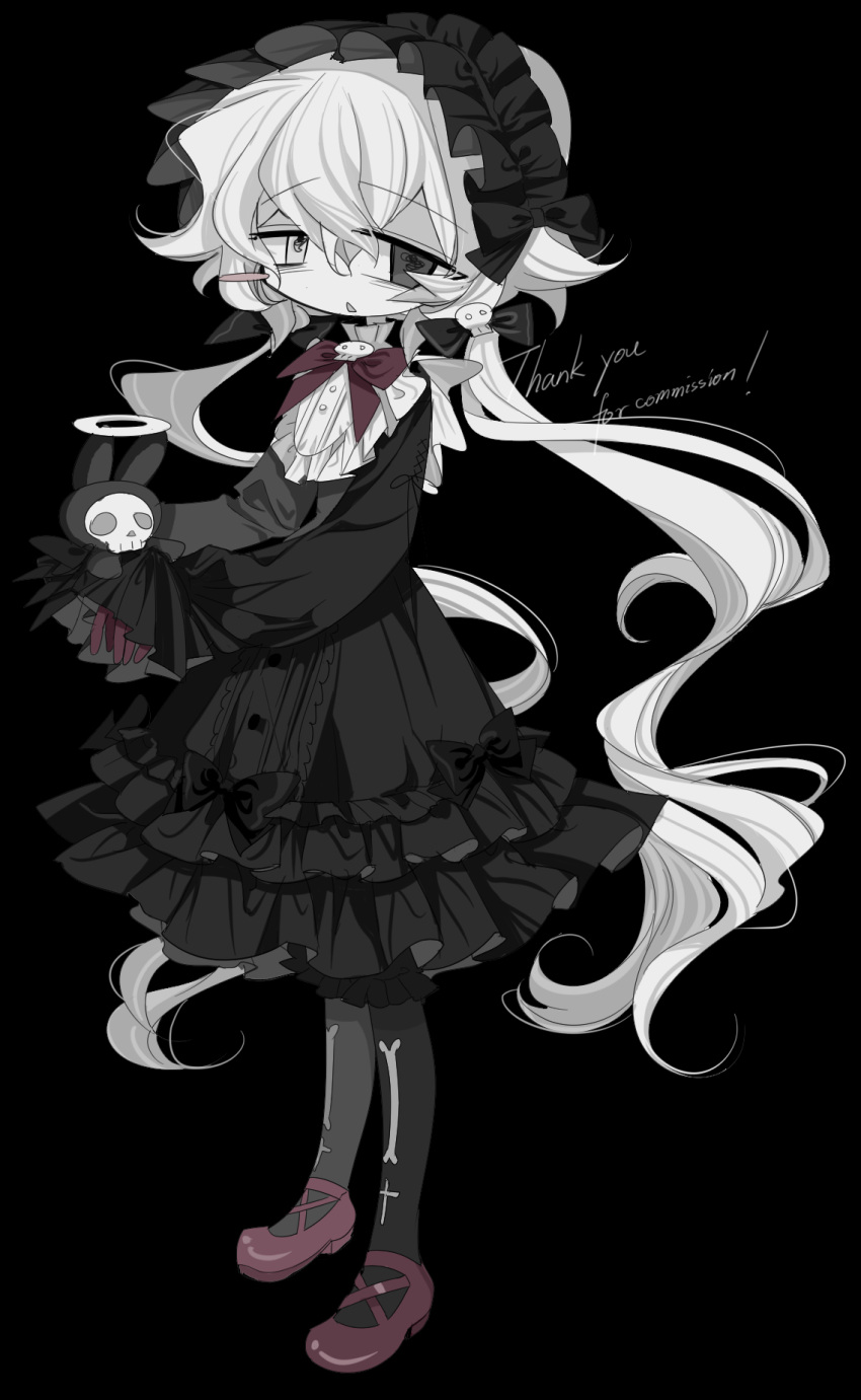 1girl black_background black_bow black_dress black_eyes black_headdress black_thighhighs bone_print bow colored_skin commission creature dress frilled_dress frilled_sleeves frills full_body gothic gothic_lolita halo heterochromia highres holding lolita_fashion long_hair meyou_0319 original red_bow red_footwear solo thigh-highs twintails very_long_hair white_eyes white_hair white_skin