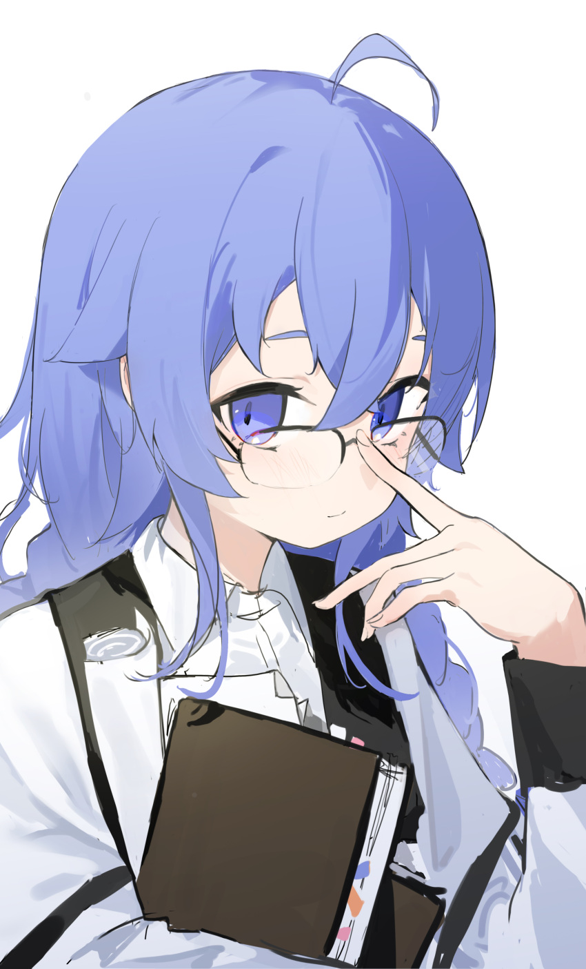 1girl absurdres adjusting_eyewear ahoge blue_eyes blue_hair bookmark braid closed_mouth collar collared_shirt eris_kissaten flat_chest from_side glasses hair_between_eyes highres holding holding_notebook long_bangs long_hair looking_at_viewer mushoku_tensei notebook rolled_up_paper roxy_migurdia shirt solo twin_braids upper_body white_collar white_shirt