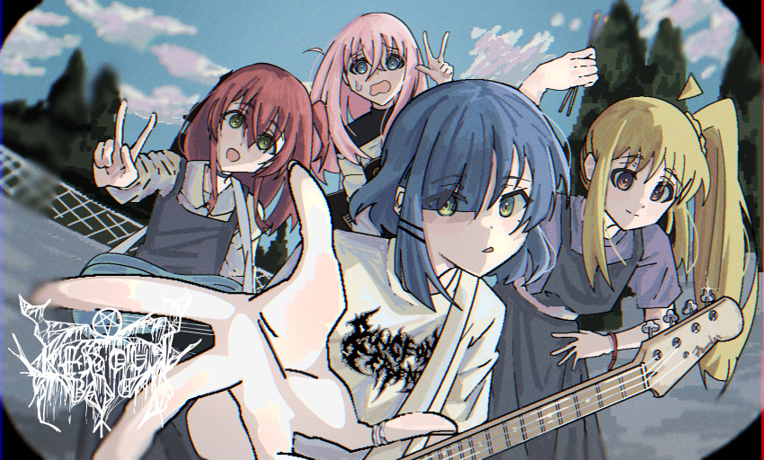 4girls absurdres ahoge alternate_costume band_shirt blonde_hair blue_eyes blue_hair blue_sky bocchi_the_rock! brown_eyes closed_mouth clouds cloudy_sky commentary cowboy_shot day detached_ahoge english_commentary eyes_visible_through_hair fisheye foreshortening gotoh_hitori green_eyes guitar_hero hair_between_eyes hair_ornament hair_over_one_eye hairclip highres ijichi_nijika irreligiositat kita_ikuyo long_hair looking_at_viewer merchandise multiple_girls one_side_up open_hand open_mouth outdoors outstretched_arm pink_hair reaching reaching_towards_viewer redhead shirt short_hair side_ponytail sidelocks sky smile standing t-shirt upper_body v very_long_hair white_shirt yamada_ryo yellow_eyes
