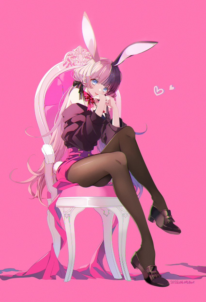 1girl animal_ears artist_name bare_shoulders black_bow black_footwear black_hair black_sweater black_thighhighs blue_eyes blunt_bangs bow bowtie chair dated fake_animal_ears flipped_hair full_body hair_bow heart heart_print high-waist_skirt highres iris_black_games loafers long_hair looking_at_viewer multicolored_hair off-shoulder_sweater off_shoulder pink_background pink_bow pink_bowtie pink_hair pink_ribbon pink_skirt rabbit_ears ribbon seri_sketch shoes sidelocks simple_background sitting skirt solo split-color_hair sweater tachibana_hinano_(vtuber) thigh-highs tongue tongue_out twintails virtual_youtuber vspo!