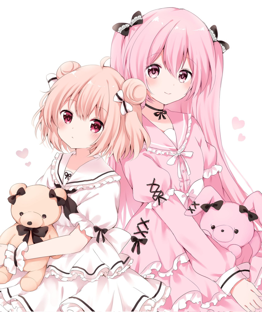 2girls blonde_hair blush bow choker commentary double_bun dress expressionless frilled_dress frilled_sailor_collar frills hair_bow hair_bun hair_ornament heart highres holding holding_stuffed_toy juliet_sleeves kokoshira_0510 long_hair long_sleeves looking_at_viewer multiple_girls neck_ribbon original pink_eyes pink_hair puffy_short_sleeves puffy_sleeves red_eyes ribbon ribbon_choker sailor_collar sailor_dress short_hair short_sleeves smile stuffed_animal stuffed_rabbit stuffed_toy symbol-only_commentary teddy_bear two_side_up very_long_hair white_background wrist_cuffs