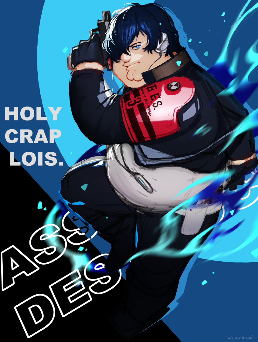 1boy absurdres armband black_gloves blue_eyes blue_hair blue_jacket blue_pants cleft_chin cosplay double_chin eye_trail family_guy fat fat_man gloves gun hair_over_one_eye handgun headphones highres holding holding_gun holding_weapon jacket kowai_(iamkowai) light_trail male_focus pants persona persona_3 persona_3_reload peter_griffin red_armband s.e.e.s shirt short_hair solo weapon white_shirt yuuki_makoto yuuki_makoto_(cosplay)