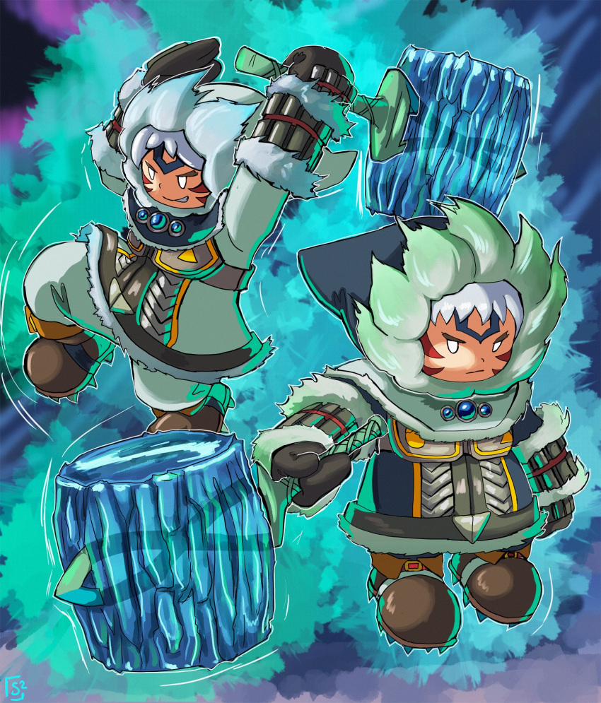 alternate_costume alternate_eye_color alternate_hair_color alternate_weapon arm_guards armor aura blue_gemstone boots corruption crescent crossover dark_persona double_helix dual_persona evil_smile facial_tattoo fierce_deity frown gem gloves hammer highres holding holding_weapon ice ice_climber looking_to_the_side nana_(ice_climber) nintendo parka popo_(ice_climber) possessed smile stoic_seraphim super_smash_bros. sword tattoo the_legend_of_zelda the_legend_of_zelda:_majora's_mask triangle weapon white_eyes white_hair wrist_guards
