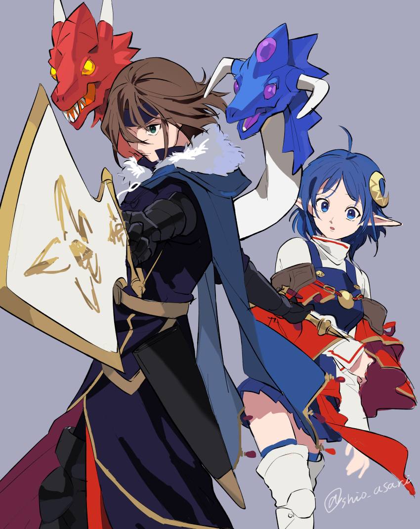 1boy 1girl absurdres ahoge ashton_anchors blue_eyes blue_hair brown_hair cape closed_mouth dragon gloves green_eyes headband highres holding holding_sword holding_weapon looking_at_viewer open_mouth pointy_ears red_cape rena_lanford shiohi short_hair simple_background skirt star_ocean star_ocean_the_second_story sword thigh-highs weapon