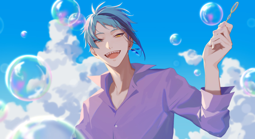13_(bbr584607091) 1boy aqua_hair arm_up black_hair blue_sky bubble bubble_blowing bubble_wand clouds collared_shirt commentary earrings hair_over_one_eye highres jade_leech jewelry long_sleeves looking_at_viewer male_focus multicolored_hair open_mouth outdoors popped_collar purple_shirt sharp_teeth shirt single_earring sky smile solo streaked_hair symbol-only_commentary teeth twisted_wonderland upper_body yellow_eyes