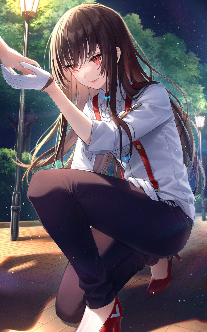 1girl 1other absurdres brown_hair brown_pants center_frills closed_mouth collared_shirt frilled_shirt frills gloves heaven_burns_red high_heels highres kneeling long_hair long_sleeves mairo night night_sky outdoors pants red_eyes red_footwear second-party_source shirt sky sleeve_rolled_up suspenders white_gloves white_shirt yanagi_mion