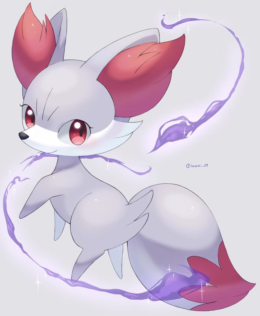 alternate_color animal_focus artist_name aura closed_mouth commentary_request fennekin grey_background grey_fur highres iwasi_29 looking_back no_humans pokemon pokemon_(creature) red_eyes shiny_pokemon simple_background smile snout sparkle tail twitter_username walking