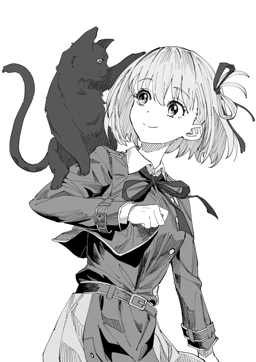 1girl absurdres animal_on_arm belt belt_buckle black_cat breasts buckle cat clenched_hand closed_mouth collared_dress collared_shirt cropped_legs dress greyscale hair_ribbon highres joker_(jjjokerrr233) long_sleeves looking_at_animal lycoris_recoil lycoris_uniform medium_breasts monochrome neck_ribbon nishikigi_chisato ribbon shirt short_hair simple_background smile solo white_background