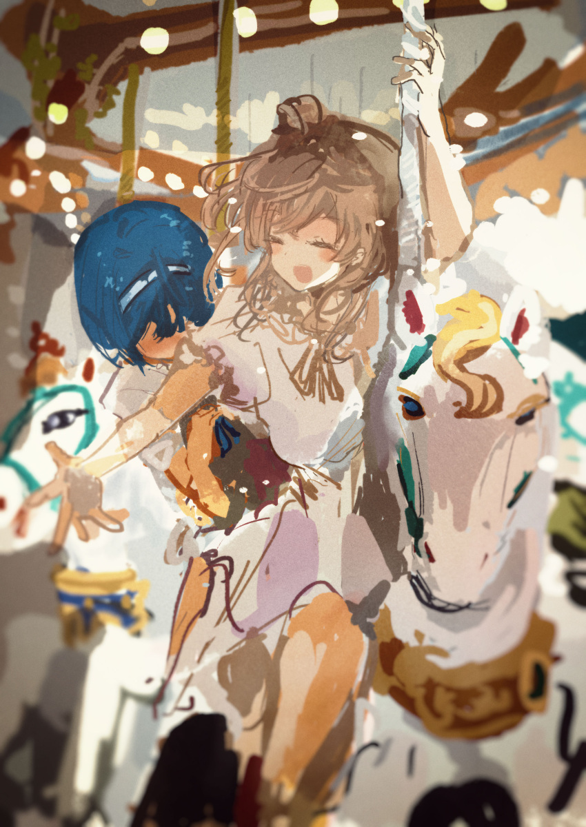 2girls absurdres arm_up blue_hair blurry blush brown_hair carousel cevio closed_eyes commentary_request depth_of_field dress faceless faceless_female facing_to_the_side feet_out_of_frame film_grain floating_hair hair_bun hairband head_down highres holding holding_pole kabuyama_kaigi long_hair multiple_girls open_mouth outstretched_arm pole riding satou_sasara shirt short_hair short_sleeves single_side_bun smile suzuki_tsudumi white_dress white_hairband white_shirt