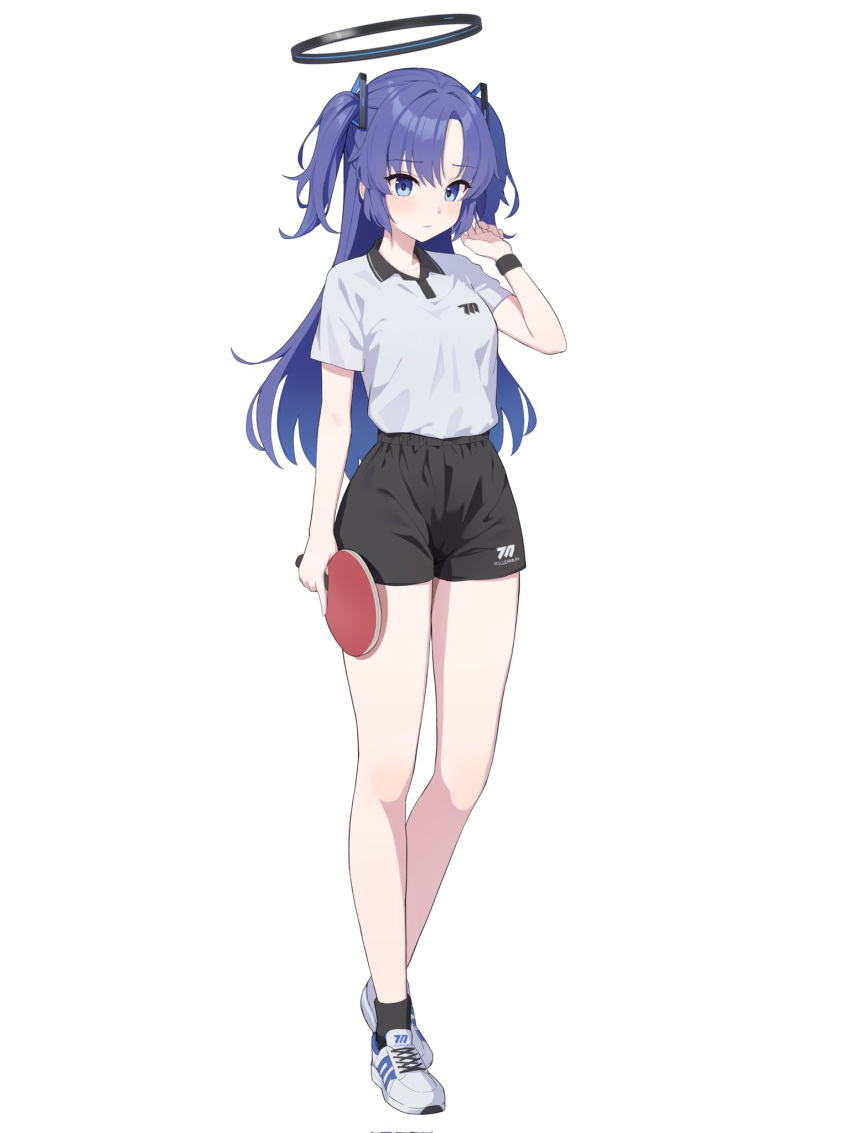 1girl alternate_costume black_collar black_shorts black_socks blue_archive closed_mouth collar cross-laced_footwear full_body halo halo_(lelelelelemo) hand_up highres holding holding_racket holding_tennis_racket long_hair looking_at_viewer purple_hair racket shirt shoes short_sleeves shorts simple_background socks solo sportswear tennis_uniform two_side_up violet_eyes white_background white_footwear white_shirt yuuka_(blue_archive)