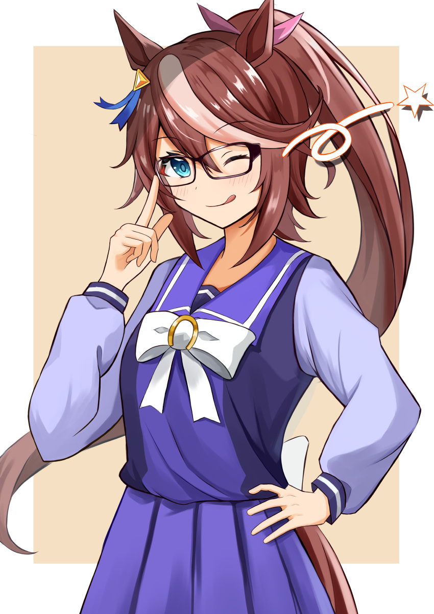 1girl absurdres animal_ears bespectacled black-framed_eyewear blue_eyes border bow brown_background brown_hair closed_mouth commentary_request cowboy_shot ear_ornament glasses hand_on_own_hip highres horse_ears horse_girl horse_tail long_sleeves one_eye_closed pink_bow pleated_skirt ponytail purple_serafuku purple_shirt purple_skirt sailor_collar school_uniform serafuku shirt simple_background skirt sky_wing12 smile solo star_(symbol) tail tokai_teio_(umamusume) tongue tongue_out tracen_school_uniform umamusume white_border white_bow winter_uniform