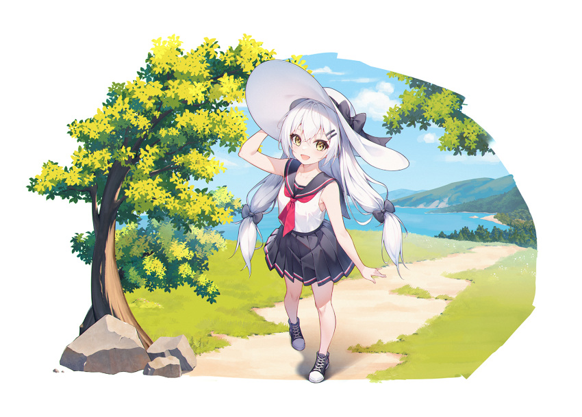 1girl aged_down black_bow black_footwear bow clouds commission forest ge_zhong_kuaile girls_frontline grass hat lake long_hair looking_at_viewer multiple_hairpins nature neckerchief outdoors path pixiv_commission pleated_skirt red_neckerchief rock sailor_collar school_uniform serafuku shirt shoes skirt sleeveless smile standing sun_hat svd_(girls'_frontline) tree very_long_hair white_hair white_headwear white_shirt yellow_eyes